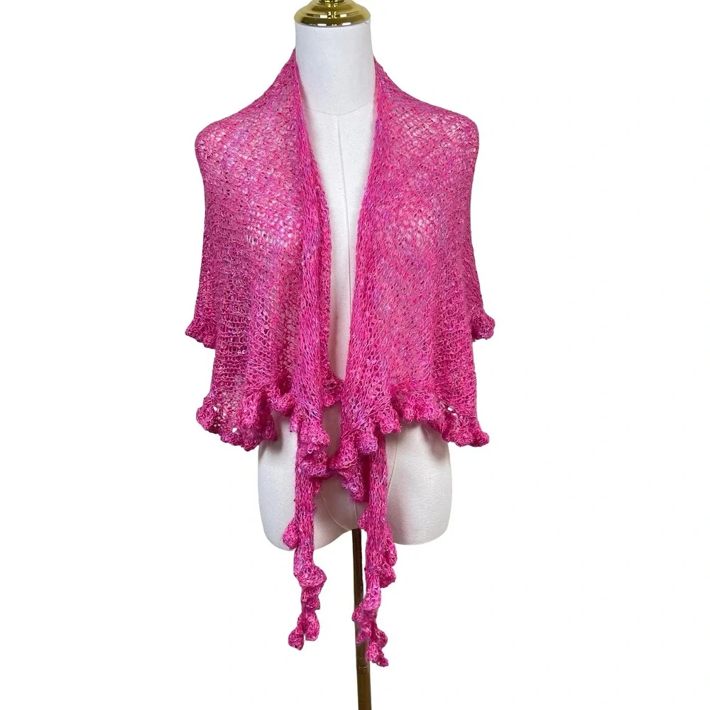 Vintage Pink Crochet Knit Ruffle Shawl Wrap Women Hot Pink Boho Shrug Y2K Fairy